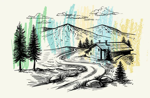 Montagne et maison de campagne dans la nature — Image vectorielle