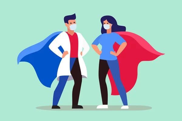 Doctors woman and man stand in heroes costume — Stock Vector