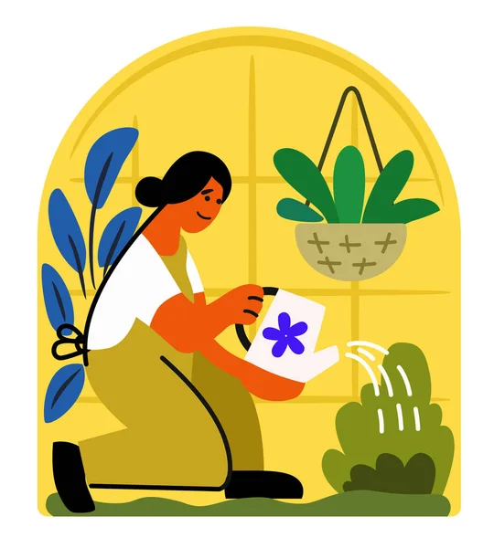 Κορίτσι σε ένα θερμοκήπιο πότισμα ένα φυτό — Διανυσματικό Αρχείο