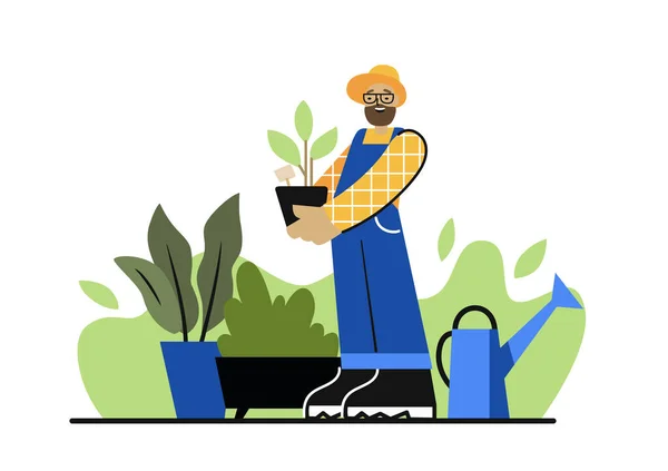 A szakállas férfi növényt tart a kezében a kertben. — Stock Vector