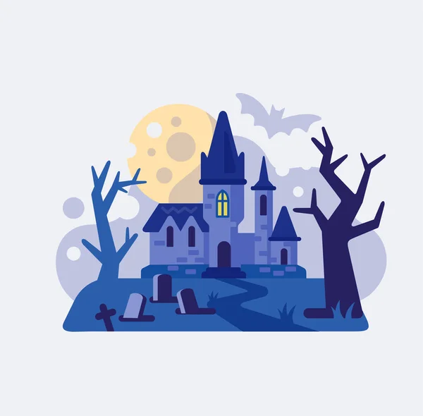 Castillo de noche con luna junto a tumbas — Vector de stock