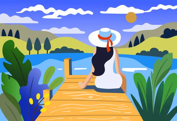 若い女の子が湖の風景の近くに座っている — ストックベクタ