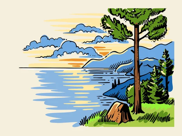 Schets landschap een dennenboom staat op de grond — Stockvector