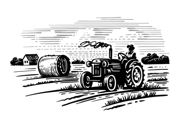 Сельскохозяйственная тема с деревьями и трактором — стоковый вектор