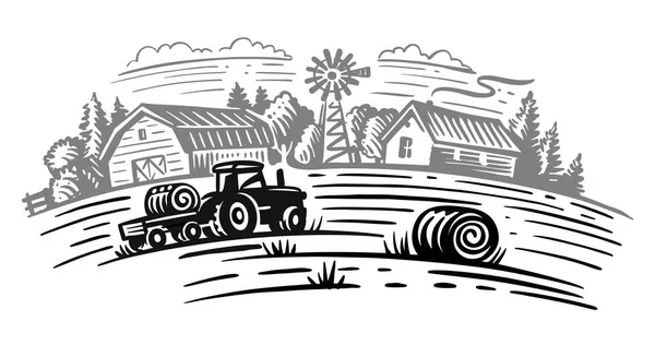 Tema de la granja con árboles y tractor — Vector de stock