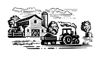 Ağaç ve traktör hasat eden bir çiftlik. 