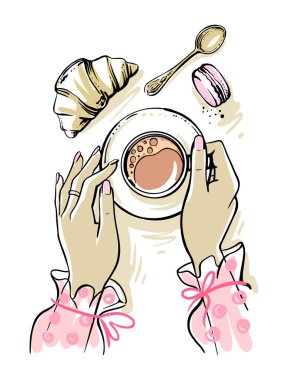 Kız kafede oturur ve kahve içer.