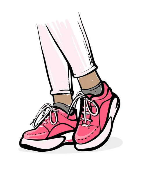 Girl standing in trendy pink sneakers — Stock Vector
