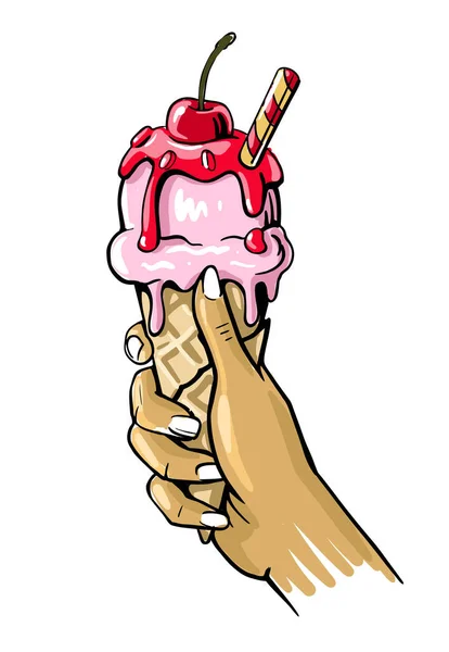 在华夫饼杯中加入冰淇淋的女性手 — 图库矢量图片