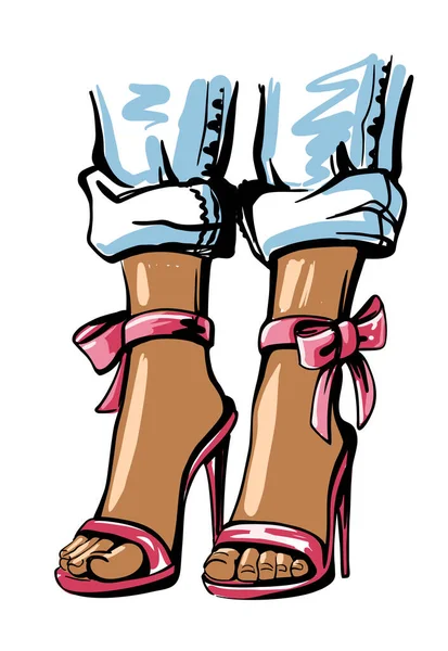 Mujer de pie en zapatos con arco y vaqueros azules — Vector de stock