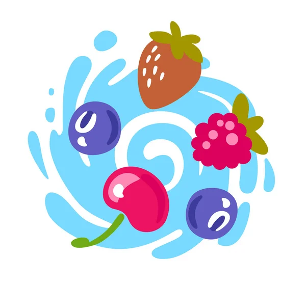 Различные яркие ягоды кружатся в водовороте — стоковый вектор