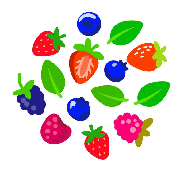 Różne jagody i liście na białym tle — Wektor stockowy
