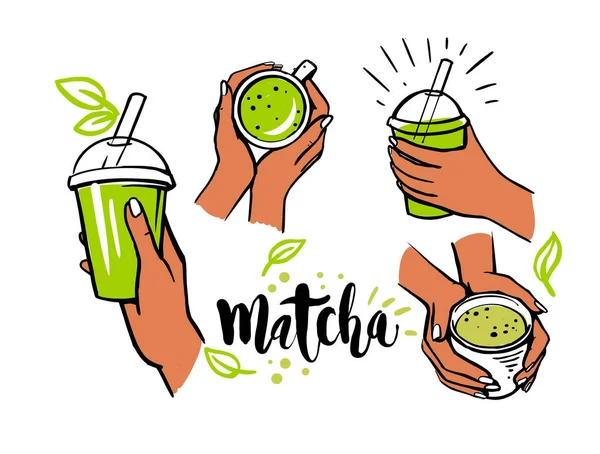 Matcha tea set in female hands — Stock Vector