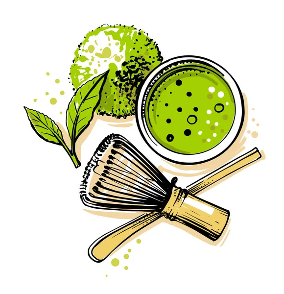 Matcha tea top view on white background — Stock Vector