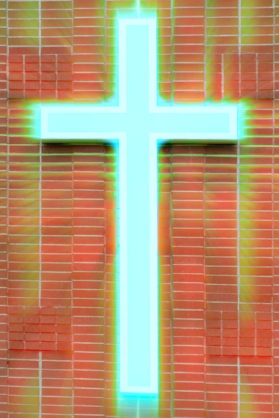 Christian religion symbols: Evangelical glowing cross contrasting with the red background