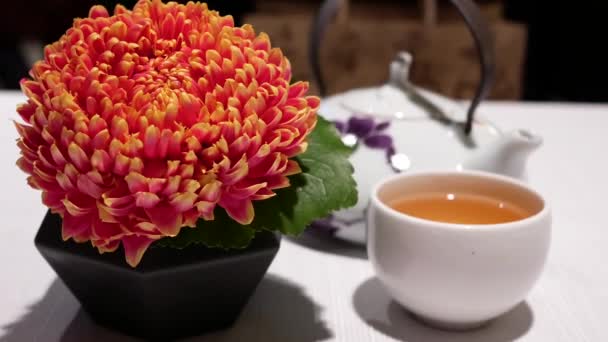 Bewegung Von Heißem Tee Und Blume Auf Dem Tisch Und — Stockvideo