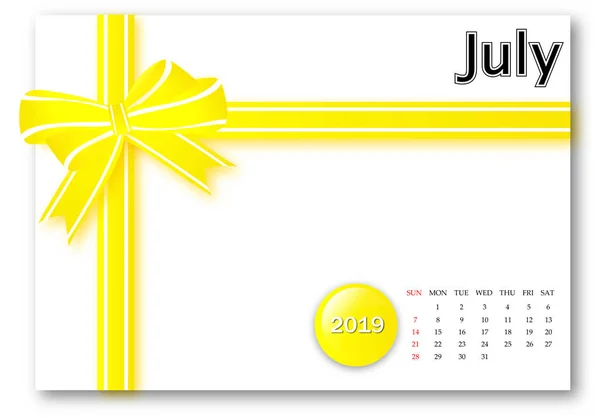 Липень 2019 Серія Календарів Дизайном Подарункової Стрічки — стокове фото