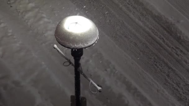 Bewegung Von Gefrorenem Eis Auf Straßenlaterne Bei Kaltem Schneesturm Schnee — Stockvideo