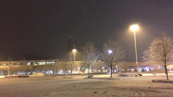 Bewegung Des Vorbeifahrenden Skytrain Einer Kalten Schneesturm Winternacht — Stockvideo