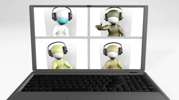 Video Call Diverse Team Com Máscaras Renderização Isolada Branco — Fotografia de Stock