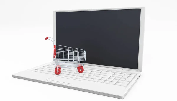 Shopping Cart Laptop Online Shopping Concept Rendering Isolated White — Stock Photo, Image