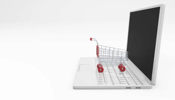 Nätköpskoncept Shopping Troley Och Laptop Isolerad Vitt Konvertering — Stockfoto