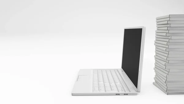 Laptop Con Libros Blancos Concepto Lectura Línea Renderizado Aislado Blanco — Foto de Stock