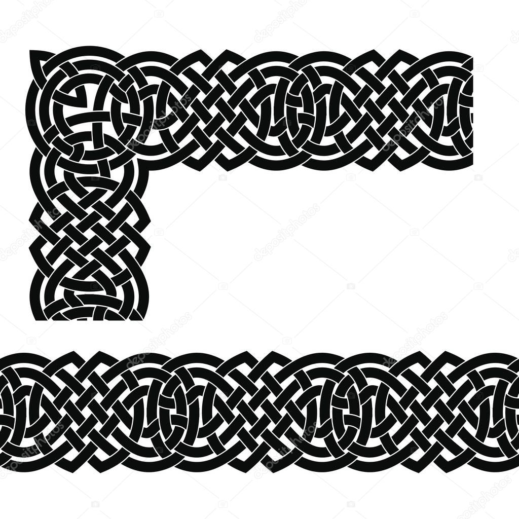 Set of Seamless Celtic national ornament with corner element interlaced ribbon for graphic design isolated on white background.