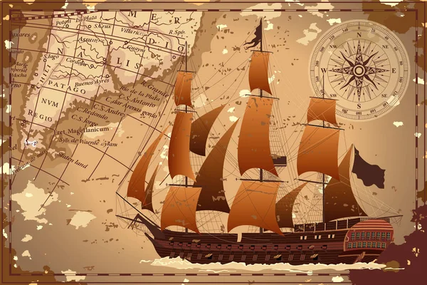 Old map with the ship. — Stock Vector