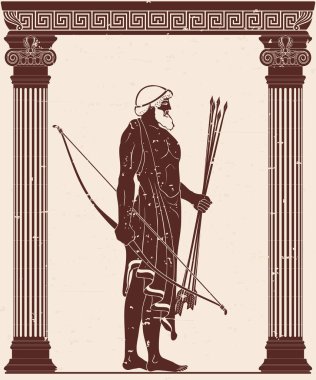 Kahraman eski Yunan Mitleri Odysseus. Savaşçı tapınağın sütunları arasında bir silahla. Archer ile bir yay ve ok onun elinde.