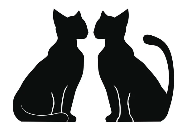 Silhouette Zweier Katzen Die Nebeneinander Sitzen Tiere Isoliert Auf Weißem — Stockvektor