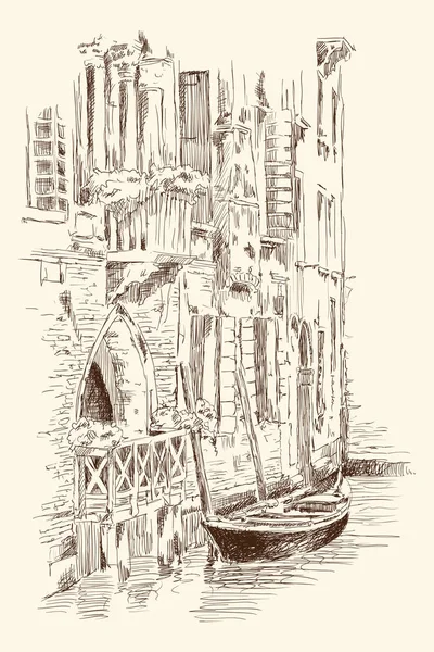 Benátská krajina s člunem. — Stockový vektor