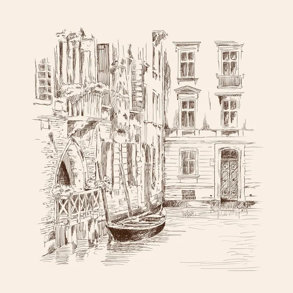Paysage vénitien avec un bateau . — Image vectorielle