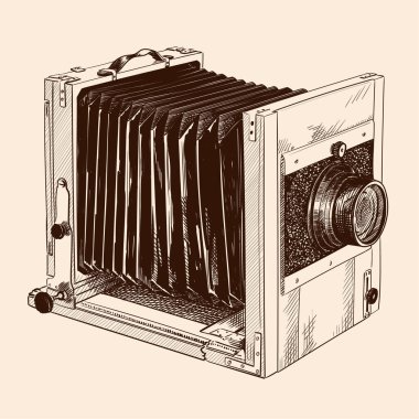 Bej arka planda kürk ve mercekli antika biçimli ahşap kamera.