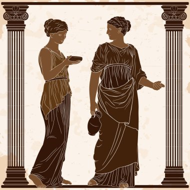 İki eski Yunan kadını ellerinde bir sürahi ve bir kase ile tapınakta iki sütun arasında dururlar..