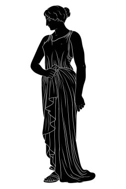 Tunik giymiş eski bir Yunan kadını dikiliyor ve başka tarafa bakıyor..