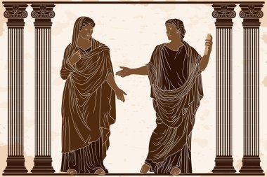 Elinde papirüs tomarı olan antik bir Yunan şairi tapınaktaki sütunlar arasında bir kadın için şiir okuyor..