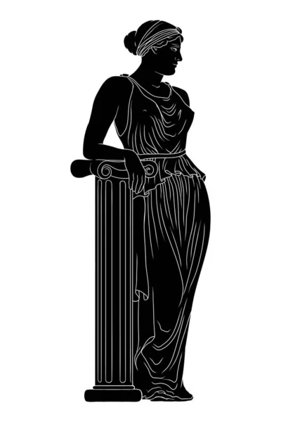 大理石の柱の近くに立つチュニックの若い美しいスレンダーな古代ギリシャの女性と離れて見て — ストックベクタ