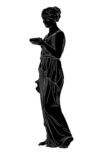 若いスレンダーな古代ギリシャの女性が立って ワインとボウルの瓶を保持しています — ストックベクタ