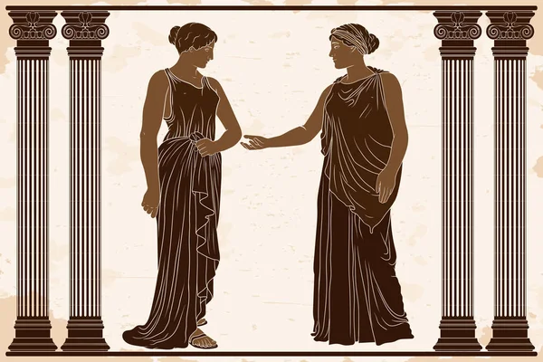 Două Femei Grecești Antice Tunică Stau Templu Între Două Coloane — Vector de stoc