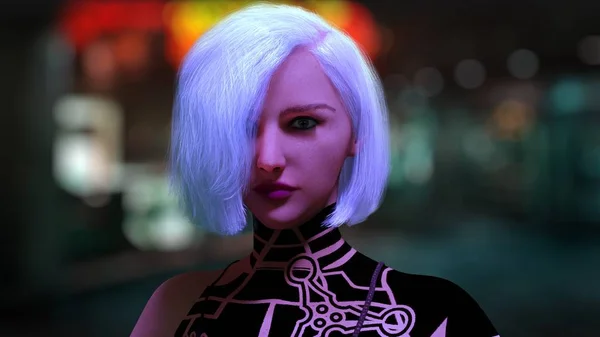 Cyberpunk Female Portrait of woman with white hair