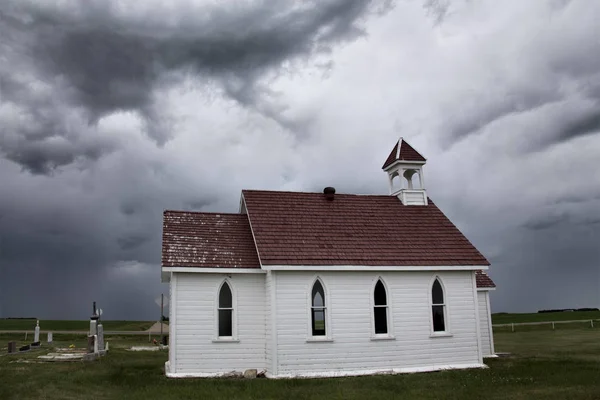 Nuages Orageux Des Prairies Saskatchewan Canada Country Church — Photo