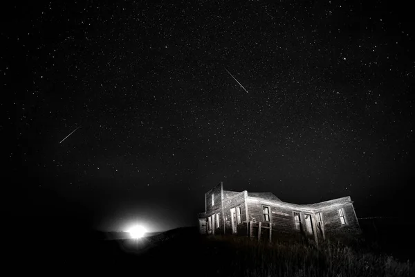 Ghost Town Saskatchewan Noche Tiro Estrellas Senderos — Foto de Stock