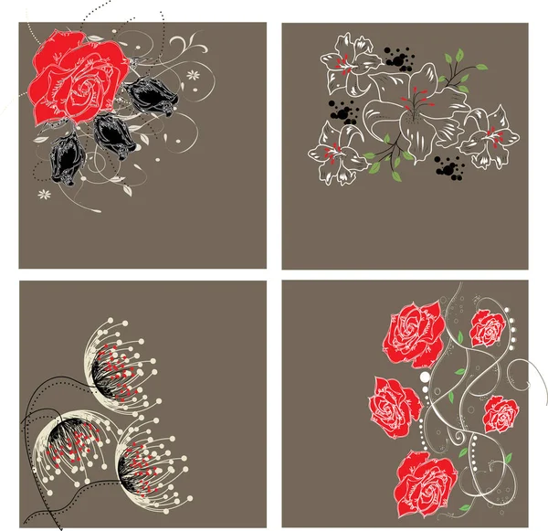 エレガントなレトロな抽象的な花の模様と グレー ヴィンテージ招待カードのセットです ベクトル図 — ストックベクタ