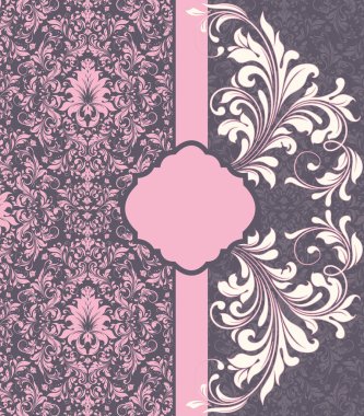 Vintage Davetiyeli süslü zarif soyut çiçek tasarım, kurdele ile gri arka plan üzerine pembe ve beyaz çiçekler. Vektör çizim.