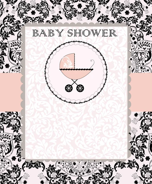 老式婴儿淋浴邀请卡与华丽典雅抽象花卉设计 黑色粉红色与婴儿马车蛋糕 矢量插图 — 图库矢量图片