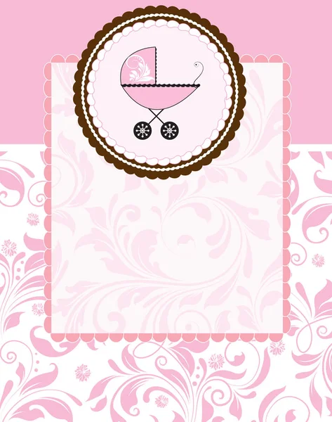 老式婴儿送礼会邀请卡与华丽典雅抽象花卉设计 粉红色的花朵在棕色与婴儿马车在蛋糕上 矢量插图 — 图库矢量图片
