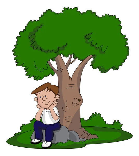 Vector Illustration Thoughtful Young Man Sitting Tree — Stock Vector