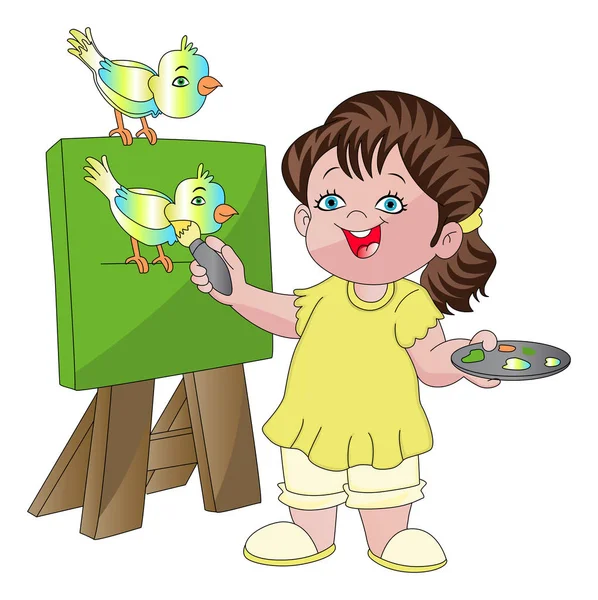 Vector Illustration Pretty Girl Painting Bird Canvas — Stock Vector