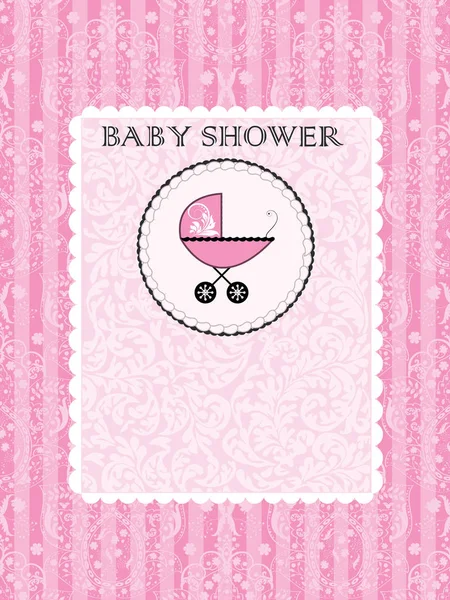 老式婴儿淋浴邀请卡与华丽典雅抽象花卉设计 粉红色条纹与婴儿马车蛋糕 矢量插图 — 图库矢量图片